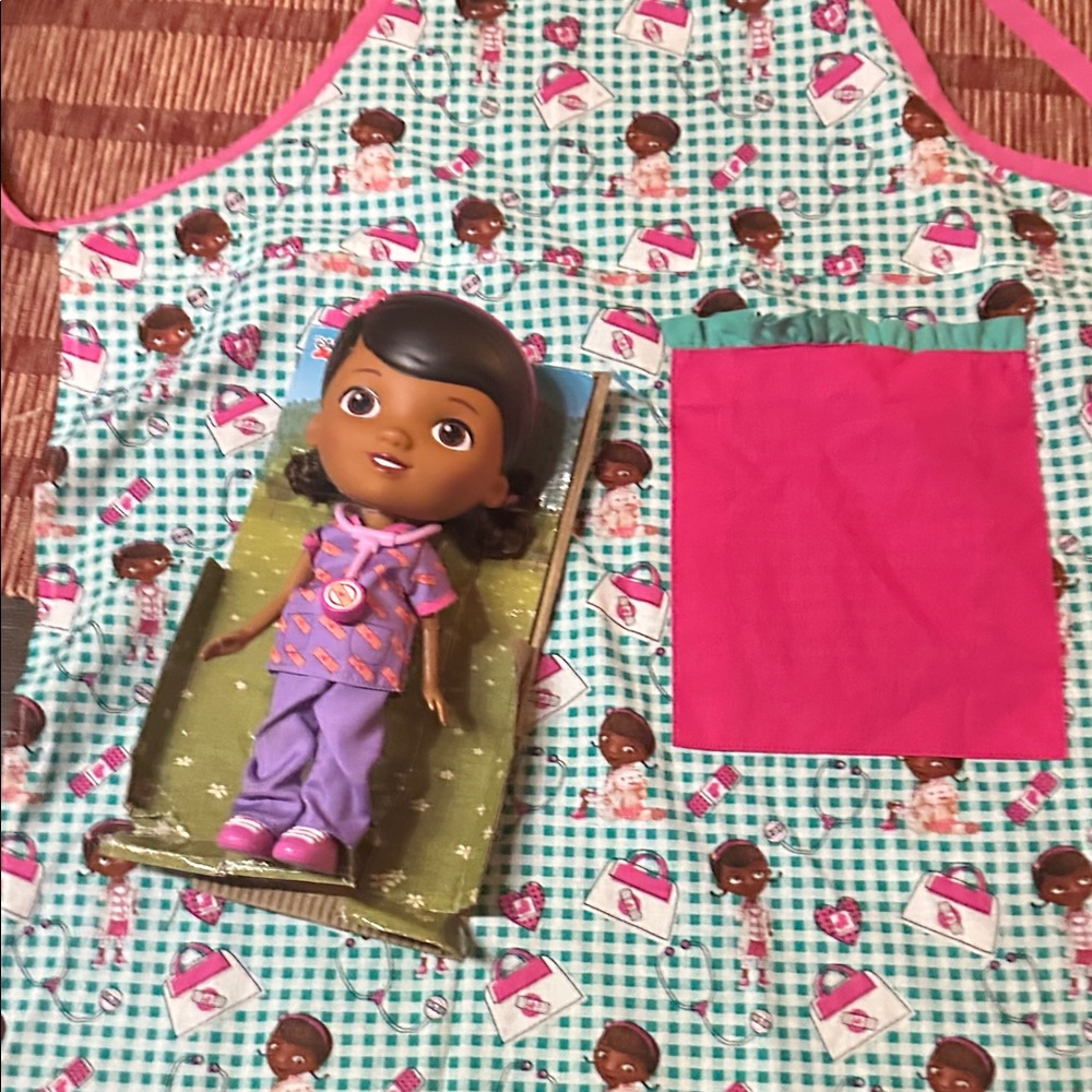 Disney Doc McStuffins Doll with Pink and Purple Outfit and custom made Apron